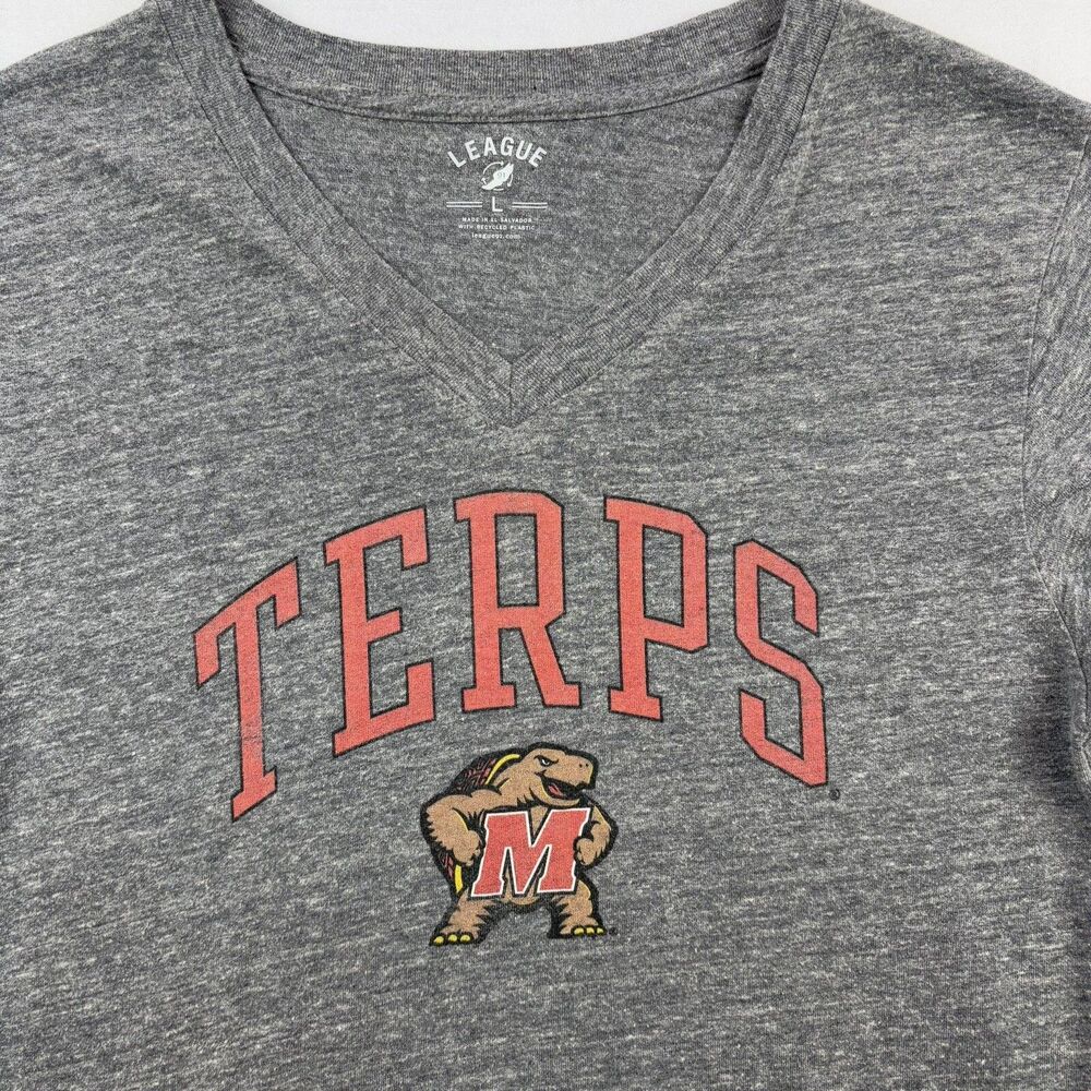 University Of Maryland Terps V Neck T Shirt Womens L Gray League